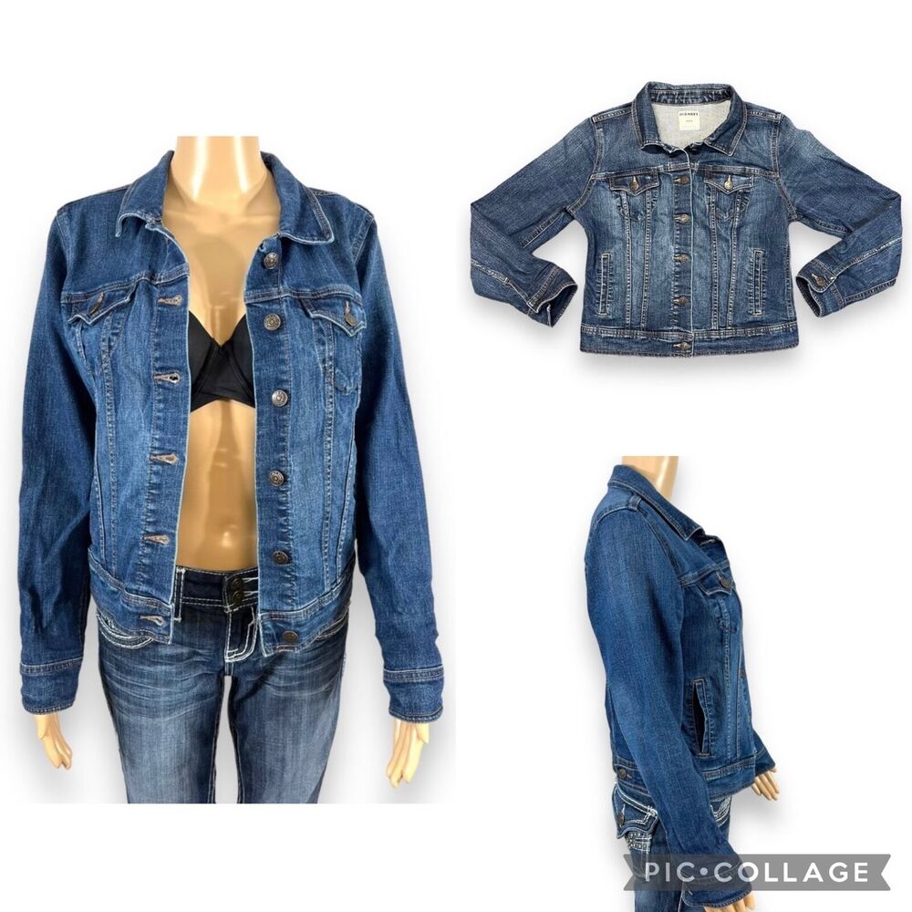 Old Navy Womens Blue Jean Jacket Stretch Dark Wash Denim Button Closure Medium